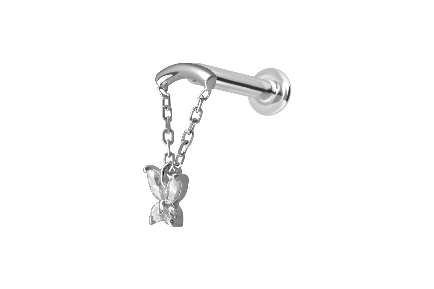 14 Karat Gold Labret Piercing mit Innengewinde MOISSANIT-SCHMETTERLING + BOGEN + KETTE